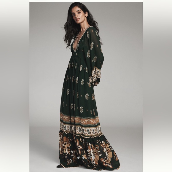 Farm Rio Ayla Long Sleeve V-Neck Green Floral Bohemian Maxi Dress - Picture 3 of 6